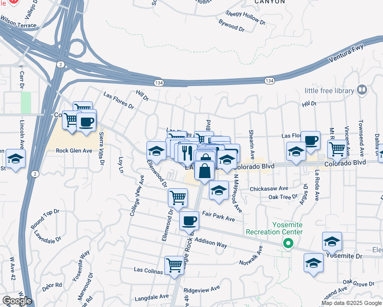 map of restaurants, bars, coffee shops, grocery stores, and more near 5123 Rockland Avenue in Los Angeles