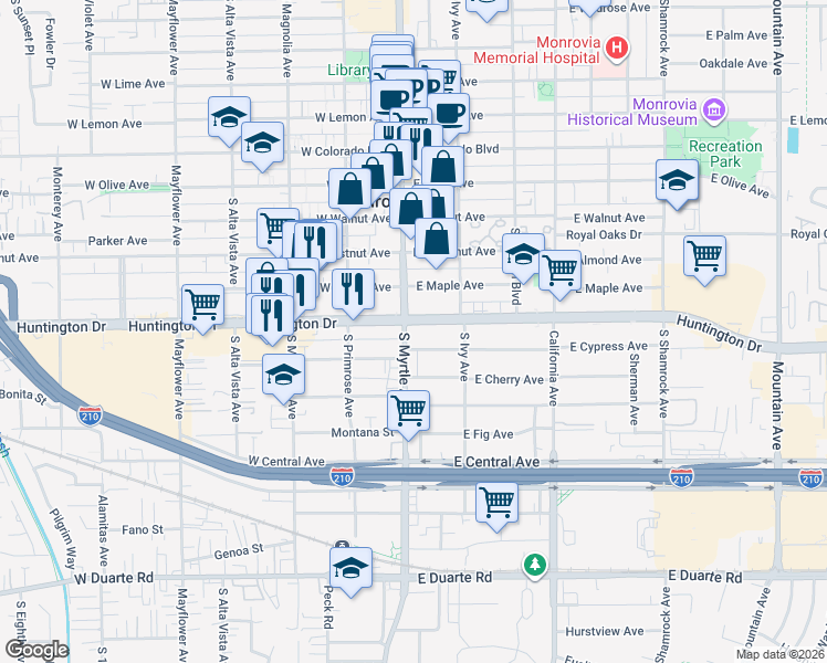 map of restaurants, bars, coffee shops, grocery stores, and more near in Monrovia