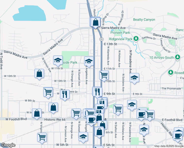 map of restaurants, bars, coffee shops, grocery stores, and more near 1027 North San Gabriel Avenue in Azusa