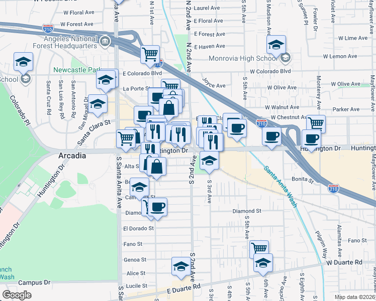 map of restaurants, bars, coffee shops, grocery stores, and more near East Huntington Drive in Arcadia