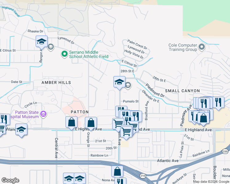 map of restaurants, bars, coffee shops, grocery stores, and more near 2579 Spring Meadow Lane in Highland