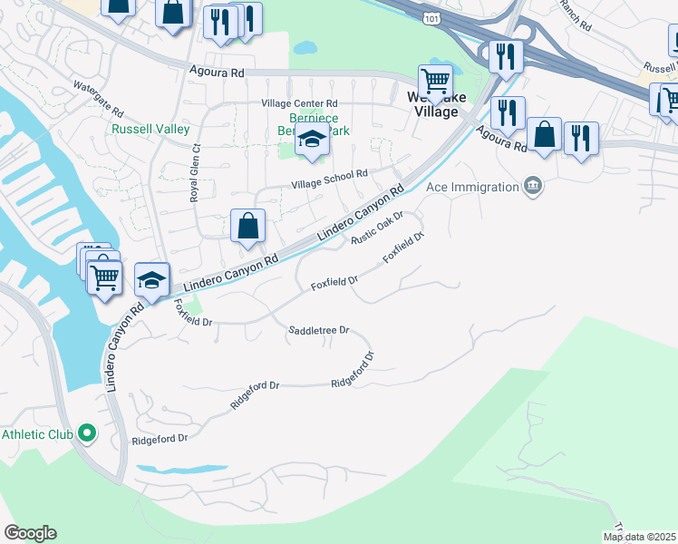 map of restaurants, bars, coffee shops, grocery stores, and more near 31673 Foxfield Drive in Westlake Village
