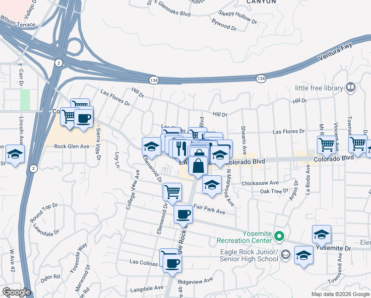 map of restaurants, bars, coffee shops, grocery stores, and more near 5123 Rockland Avenue in Los Angeles