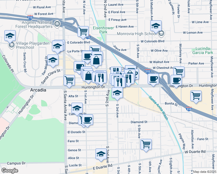 map of restaurants, bars, coffee shops, grocery stores, and more near 2 South 2nd Avenue in Arcadia