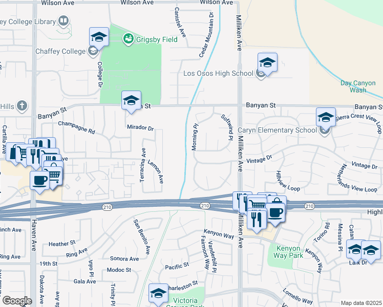map of restaurants, bars, coffee shops, grocery stores, and more near 6270 Morning Place in Rancho Cucamonga