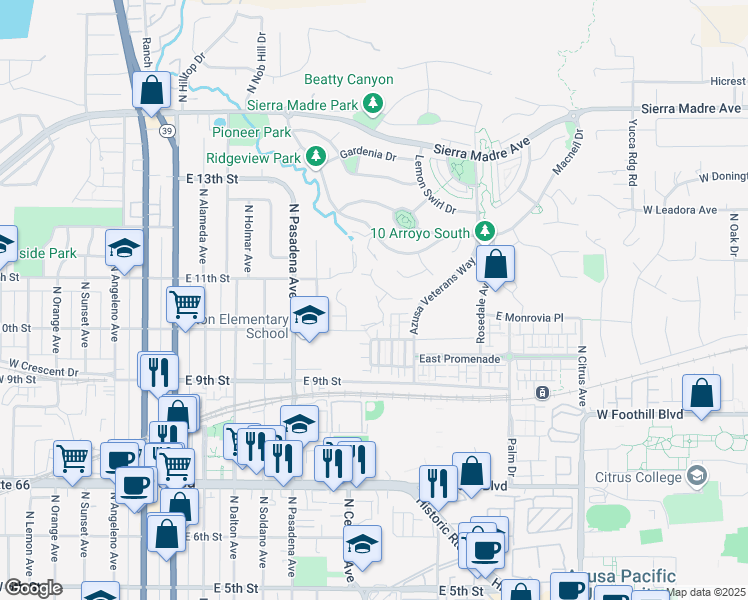 map of restaurants, bars, coffee shops, grocery stores, and more near 1073 Lakeview Terrace in Azusa