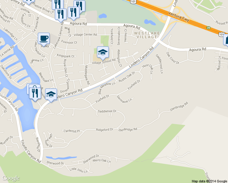 map of restaurants, bars, coffee shops, grocery stores, and more near 31673 Foxfield Drive in Westlake Village
