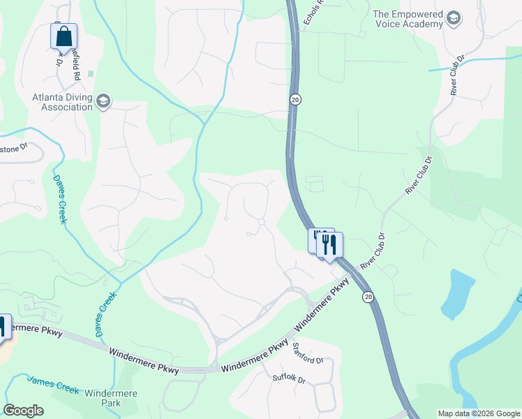 map of restaurants, bars, coffee shops, grocery stores, and more near 1403 Edenham Ln in Cumming