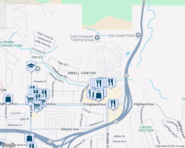 map of restaurants, bars, coffee shops, grocery stores, and more near 4040 Piedmont Drive in Highland