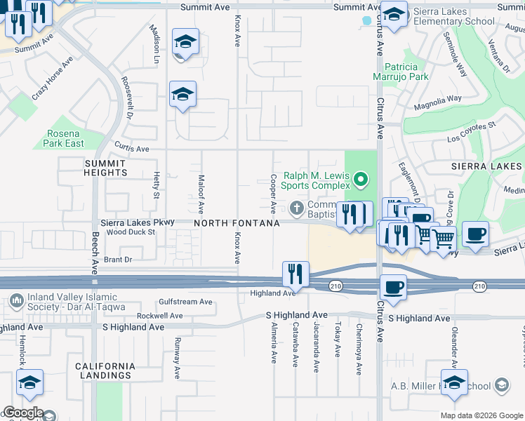 map of restaurants, bars, coffee shops, grocery stores, and more near 6268 Cooper Avenue in Fontana