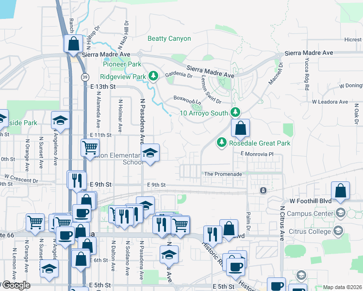 map of restaurants, bars, coffee shops, grocery stores, and more near 1073 Lakeview Terrace in Azusa
