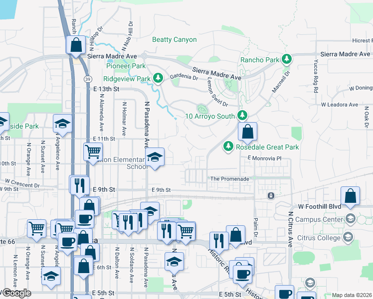 map of restaurants, bars, coffee shops, grocery stores, and more near 1073 Lakeview Terrace in Azusa