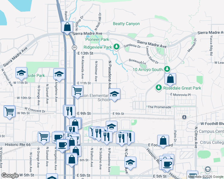 map of restaurants, bars, coffee shops, grocery stores, and more near 1025 North Old Mill Road in Azusa