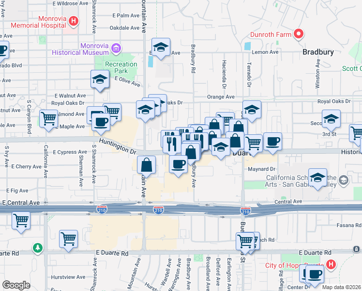map of restaurants, bars, coffee shops, grocery stores, and more near 1043 East Huntington Drive in Monrovia