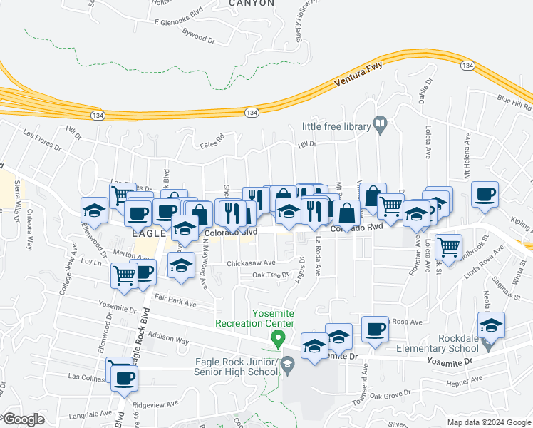 map of restaurants, bars, coffee shops, grocery stores, and more near 5116 Hermosa Avenue in Los Angeles