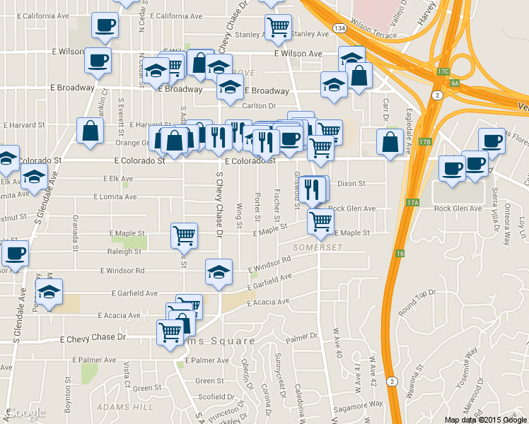 map of restaurants, bars, coffee shops, grocery stores, and more near 517 Porter Street in Glendale