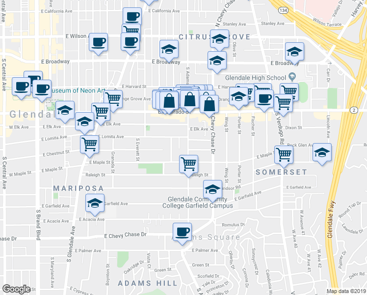 map of restaurants, bars, coffee shops, grocery stores, and more near 513 South Adams Street in Glendale