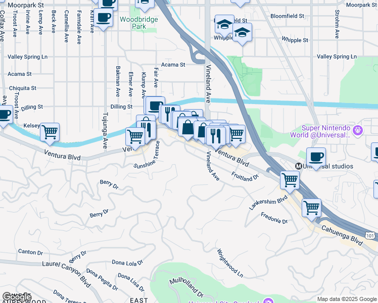 map of restaurants, bars, coffee shops, grocery stores, and more near 11076 Fruitland Drive in Los Angeles