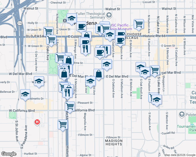 map of restaurants, bars, coffee shops, grocery stores, and more near 384 East Del Mar Boulevard in Pasadena