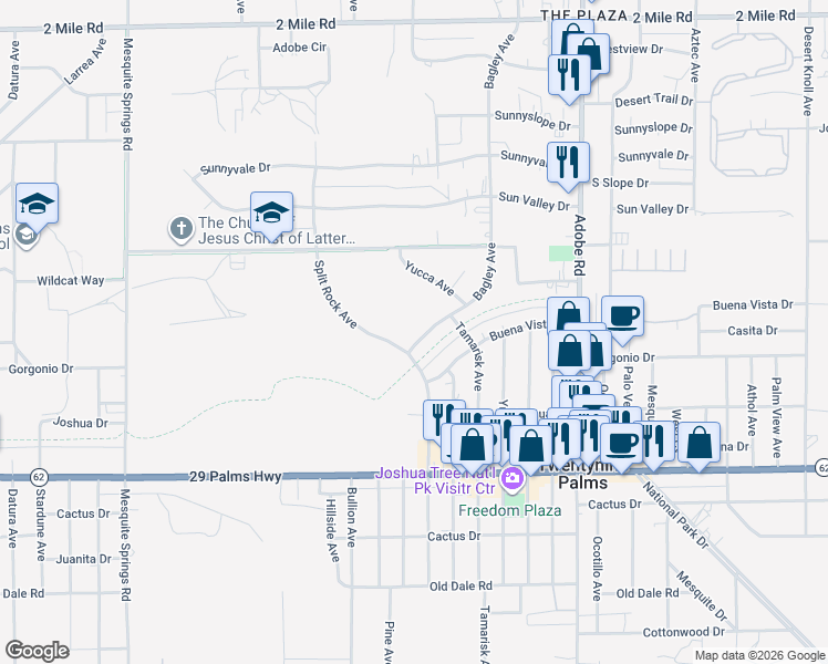 map of restaurants, bars, coffee shops, grocery stores, and more near 6362 Bagley Avenue in Twentynine Palms