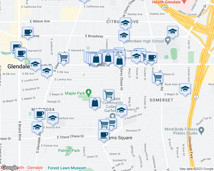 map of restaurants, bars, coffee shops, grocery stores, and more near 525 South Adams Street in Glendale