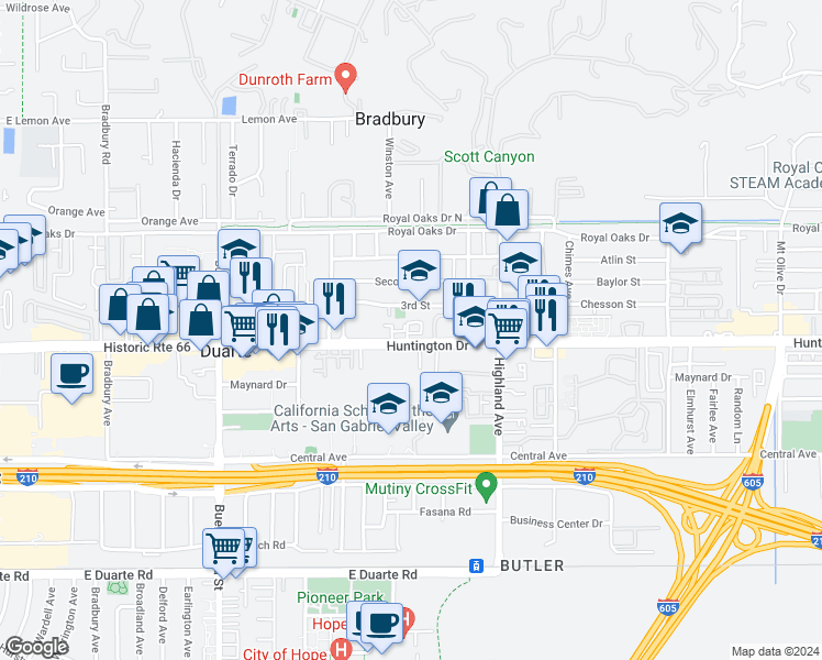 map of restaurants, bars, coffee shops, grocery stores, and more near 1625 Calle Granada in Duarte