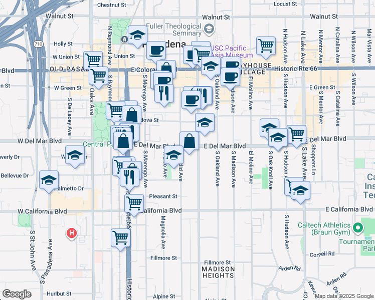 map of restaurants, bars, coffee shops, grocery stores, and more near 384 East Del Mar Boulevard in Pasadena