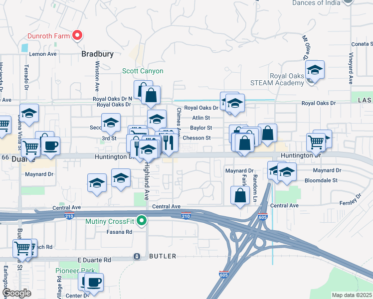 map of restaurants, bars, coffee shops, grocery stores, and more near 1923 Huntington Drive in Duarte