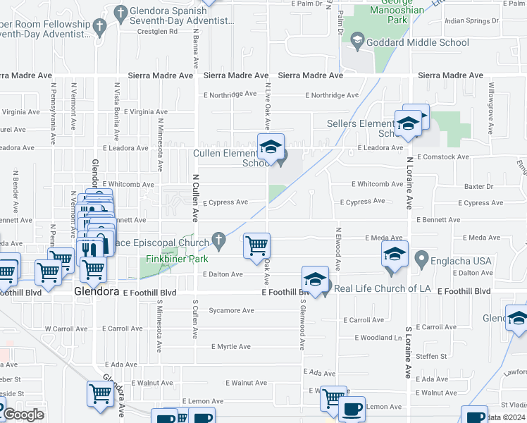 map of restaurants, bars, coffee shops, grocery stores, and more near 315 North Live Oak Avenue in Glendora