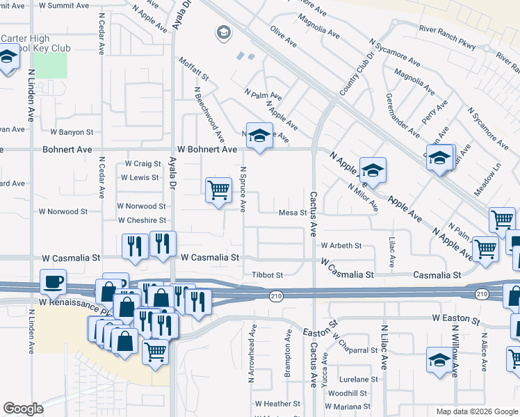 map of restaurants, bars, coffee shops, grocery stores, and more near 2233 North Arrowhead Avenue in Rialto
