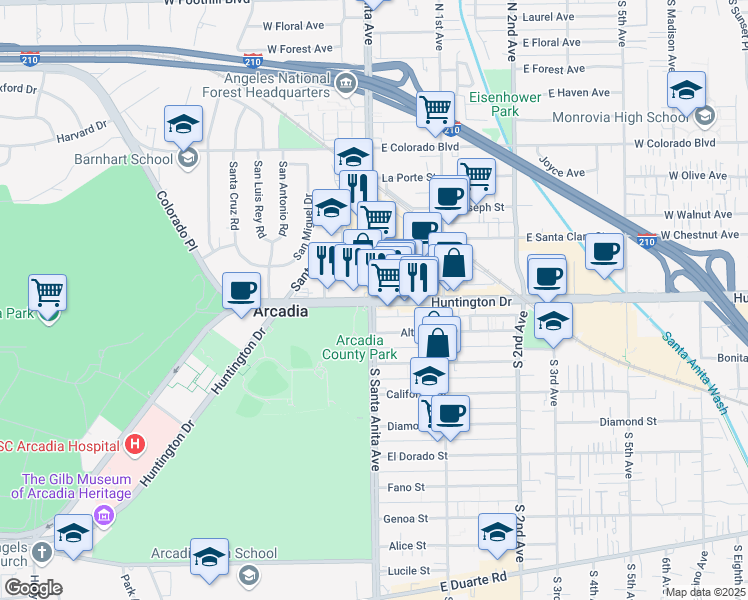 map of restaurants, bars, coffee shops, grocery stores, and more near 832 West Huntington Drive in Arcadia