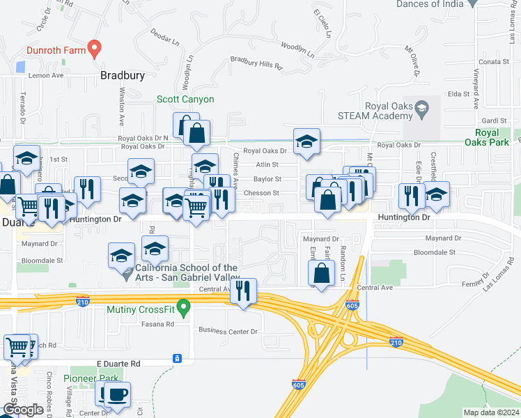 map of restaurants, bars, coffee shops, grocery stores, and more near 1941 Huntington Drive in Duarte