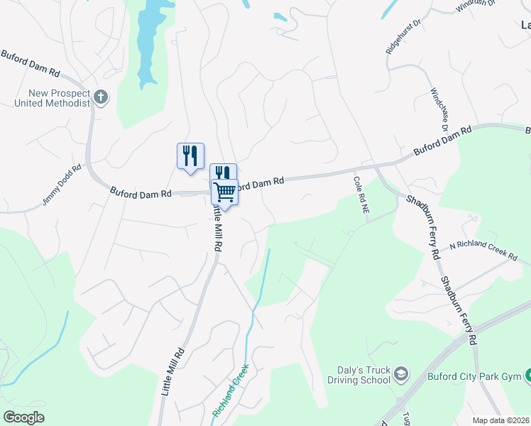 map of restaurants, bars, coffee shops, grocery stores, and more near 5680 Crest Hill Drive Northeast in Buford