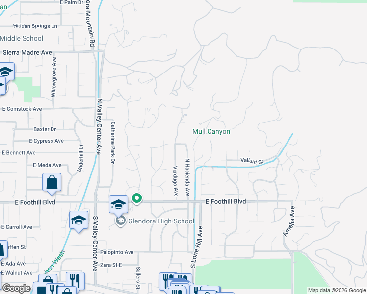 map of restaurants, bars, coffee shops, grocery stores, and more near 323 North Hacienda Avenue in Glendora