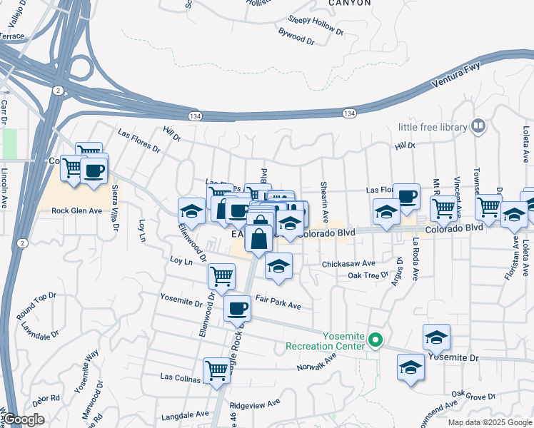 map of restaurants, bars, coffee shops, grocery stores, and more near 5128 Eagle Rock Boulevard in Los Angeles