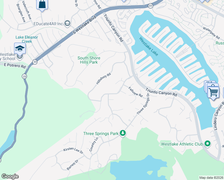map of restaurants, bars, coffee shops, grocery stores, and more near 2213 Highgate Road in Westlake Village
