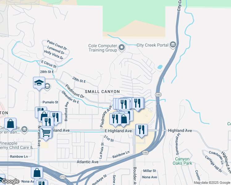 map of restaurants, bars, coffee shops, grocery stores, and more near 4040 Piedmont Drive in Highland
