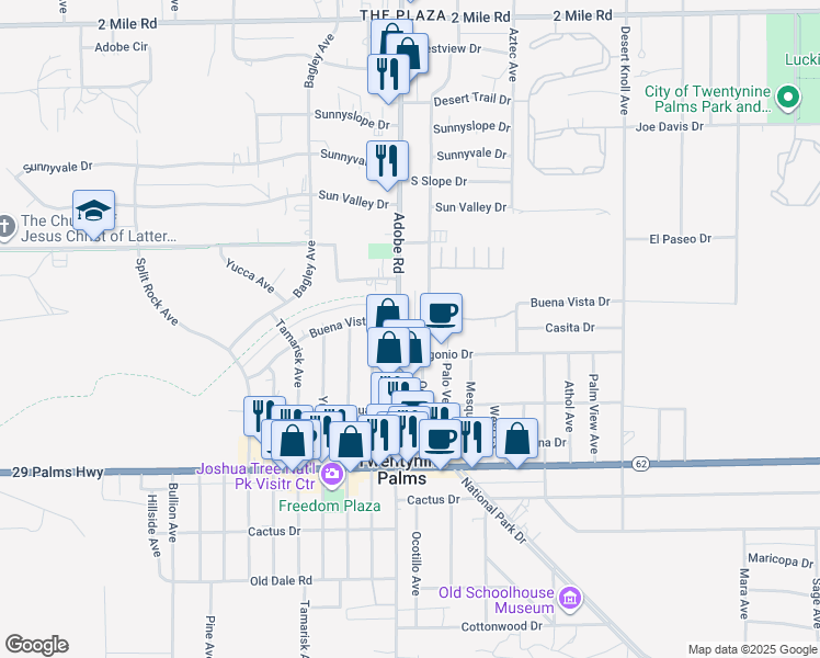map of restaurants, bars, coffee shops, grocery stores, and more near 6259000 Adobe Road in Twentynine Palms
