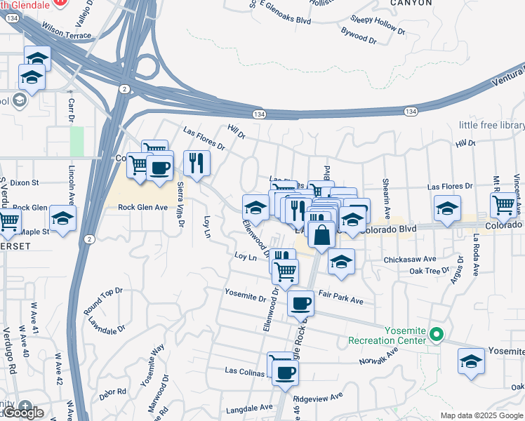 map of restaurants, bars, coffee shops, grocery stores, and more near 2369 Colorado Boulevard in Los Angeles