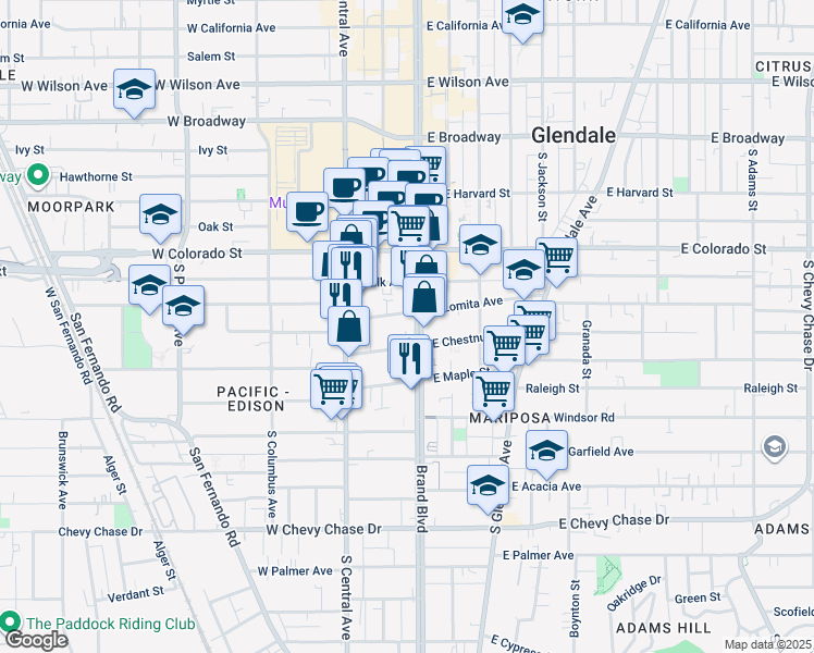 map of restaurants, bars, coffee shops, grocery stores, and more near 108 West Lomita Avenue in Glendale