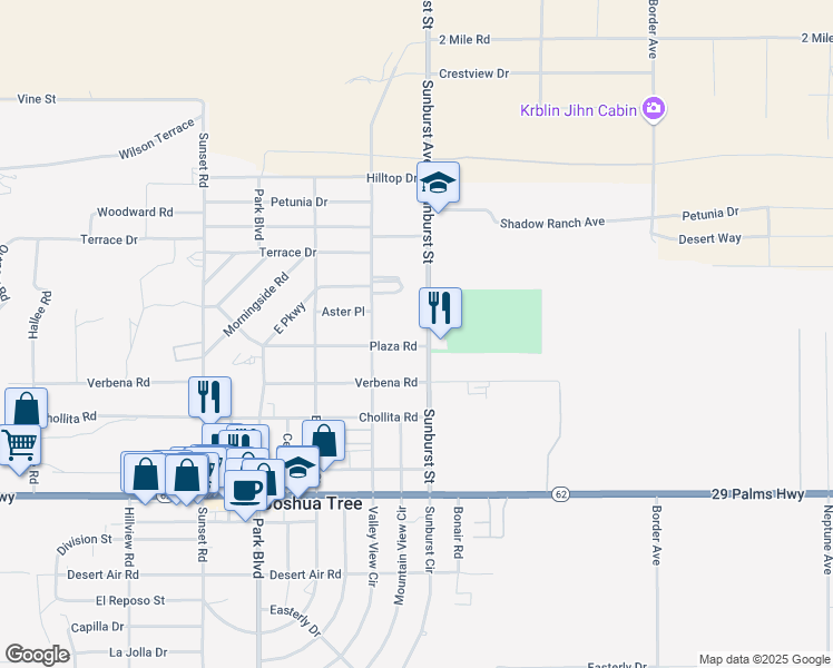 map of restaurants, bars, coffee shops, grocery stores, and more near 62000 Sunburst Circle in Joshua Tree