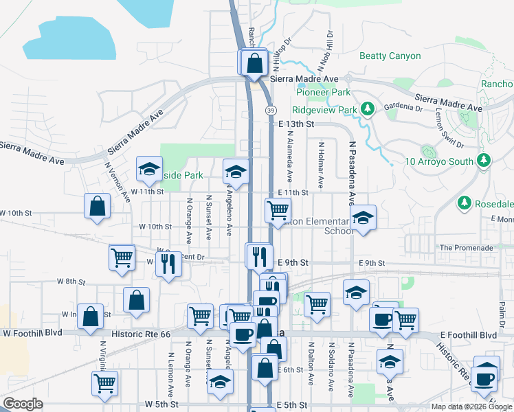 map of restaurants, bars, coffee shops, grocery stores, and more near 1027 North San Gabriel Avenue in Azusa
