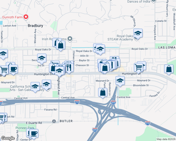 map of restaurants, bars, coffee shops, grocery stores, and more near 2048 Windsor Circle in Duarte