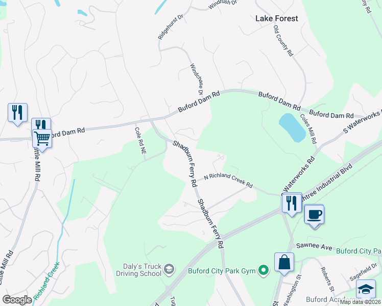 map of restaurants, bars, coffee shops, grocery stores, and more near 5551 Shadburn Ferry Road in Buford