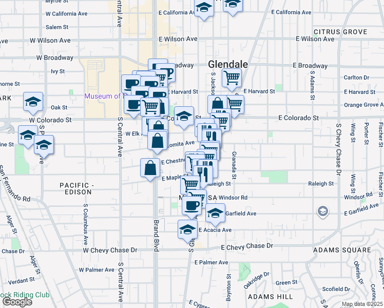 map of restaurants, bars, coffee shops, grocery stores, and more near 311 East Chestnut Street in Glendale