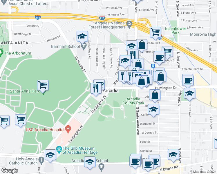 map of restaurants, bars, coffee shops, grocery stores, and more near 107 West Huntington Drive in Arcadia