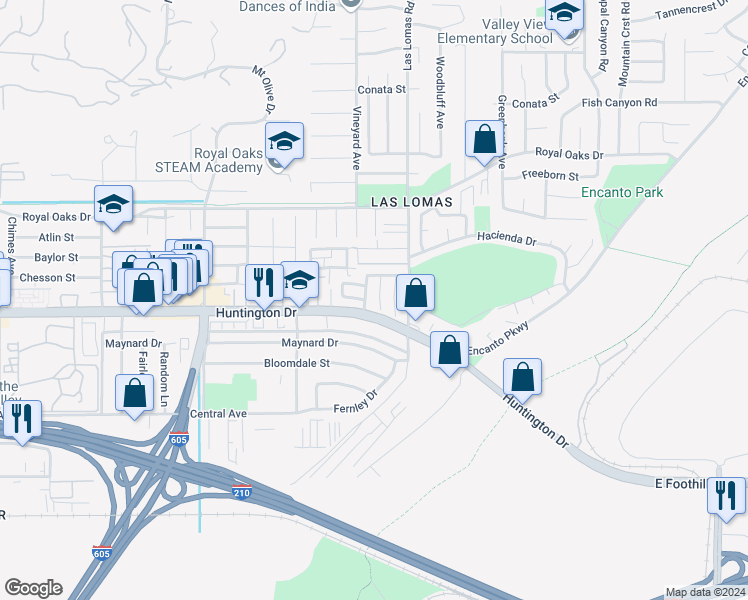 map of restaurants, bars, coffee shops, grocery stores, and more near 1127 Calle Linares in Duarte