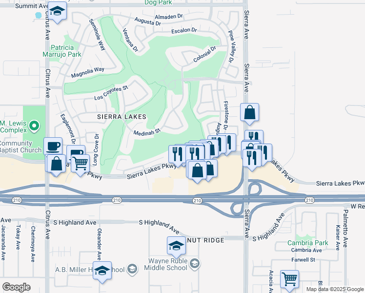 map of restaurants, bars, coffee shops, grocery stores, and more near 16644 Pennard Lane in Fontana