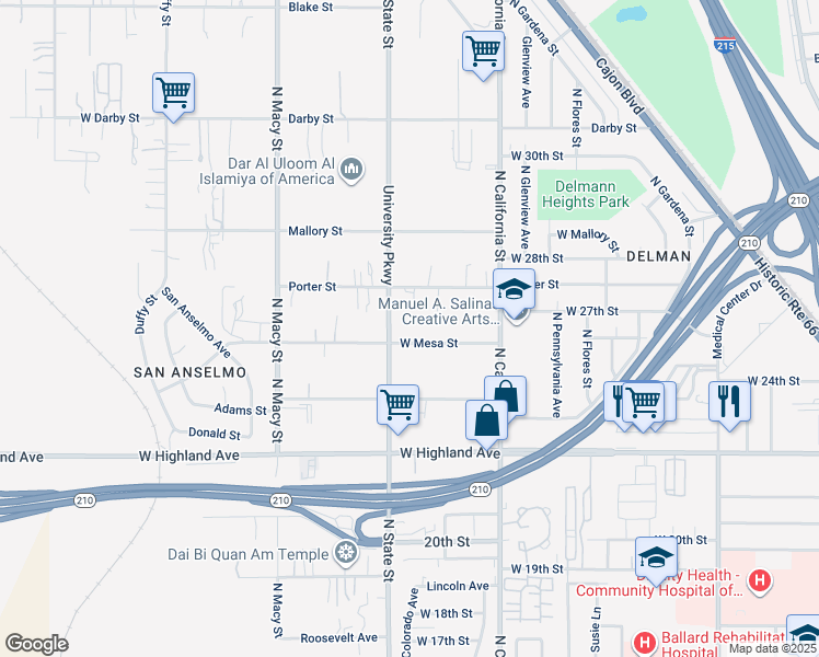 map of restaurants, bars, coffee shops, grocery stores, and more near 1990 West Mesa Street in Muscoy