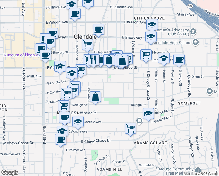 map of restaurants, bars, coffee shops, grocery stores, and more near 801 East Chestnut Street in Glendale